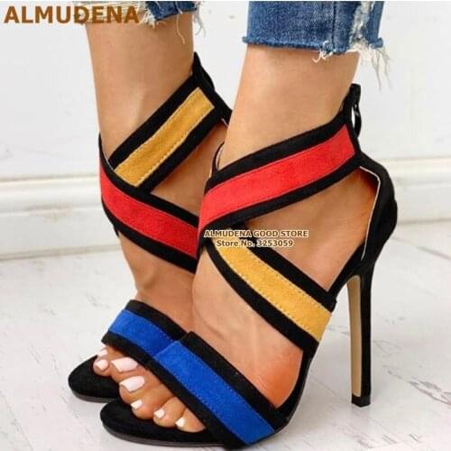 ALMUDENA Red Yellow Blue Suede Colorized Sandals Cross Strappy Cage Shoes Thin Heel Patchwork Dress Pumps Hollow-out Party Shoes