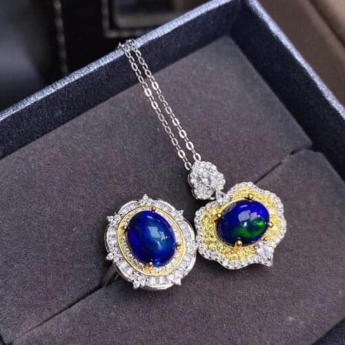 High Quality 100% Natural and Real Black Opal jewelry set Natural Real Opal 925 sterling silver 1pc pendant,1pc ring