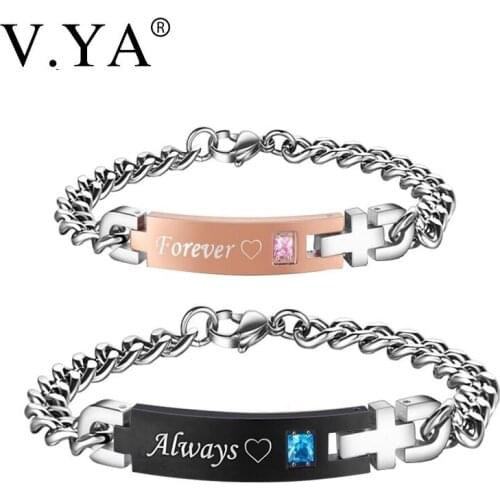 V.YA Romantic Lover His & Hers Stainless Steel Couple Bracelets Unique Love Heart Bracelets for Women Men Jewelry Drop Shipping
