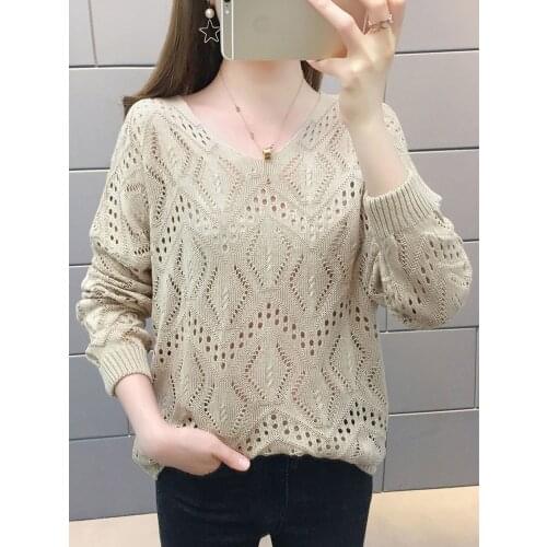 Summer Pullover Women Hollow Out Knitted Tops Autumn Batwing V-Neck Thin Female Pullovers Pull Femme Sweater Tops for Women
