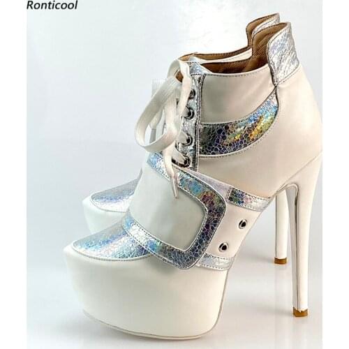 Ronticool New Arrival Women Platform Ankle Boots Lace Up Sexy Stiletto Heels Round Toe White Night Club Shoes Plus US Size 5-20