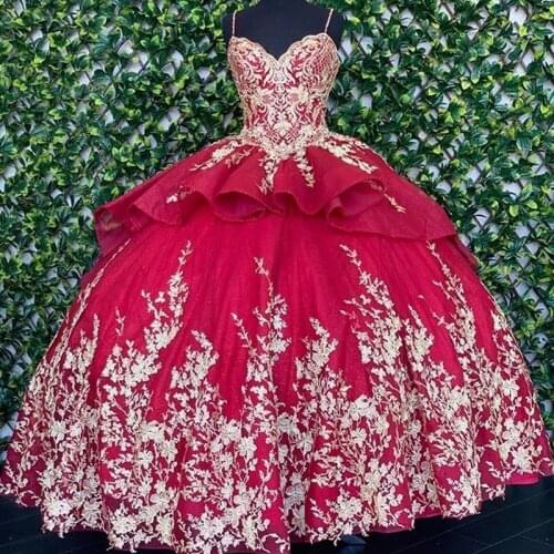 Modest Red Ball Gown Quinceanera Dresses With Spaghetti Straps Gold Lace Appliques Sweet 16 Cheap Party Dress vestido de 15 anos