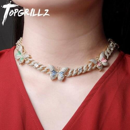 TOPGRILLZ Butterfly Necklace 3 Colors Butterfly Iced Out Cubic Zirconia Cuban Choker Necklace Hip Hop Fashion Jewelry For Gift