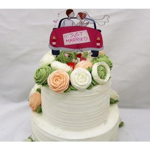 Romantic Wedding Car Cake Topper Upscale Wedding Party Cake Flags Color Printing Acrylic Propose Cake Topper Party Dessert Adorn