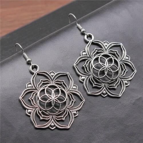 Vintage Antique Silver Color 35x43mm Flower Of Life Charms Drop Earrings Fashion Handmade Women Earring