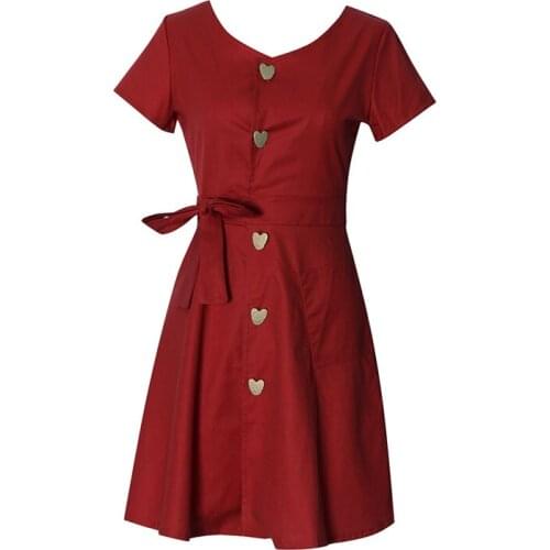 PERHAPS U Red V Neck Short Sleeve Mini Dress Heart Button Summer D1084