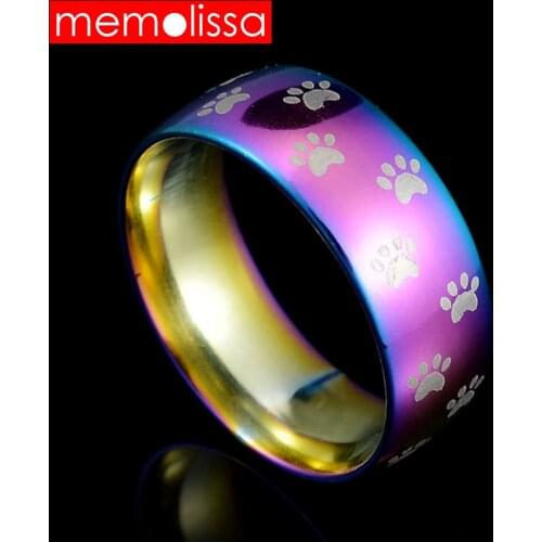 MeMolissa Jewelry Fashion Cute Dog Cat Paw rings Stainless Steel Wedding Band Rainbow Anime Pet Ring Width 8mm for Gift