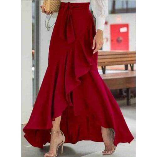 Women High Waist Maxi Skirt High Low Irregular Hem Self-tie Elastic Ruffle Long Skirt Female 2021 Fashion Clothings AM3041