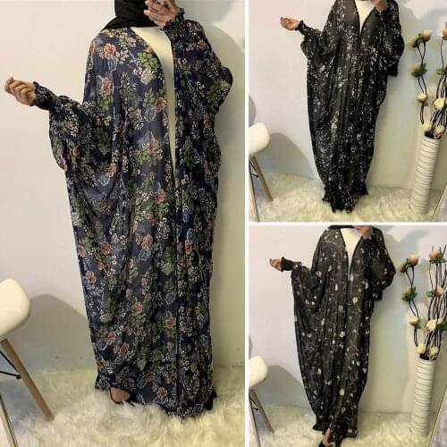 Women Muslim Open Cardigan Abaya Kaftan Dubai Kimono Batwing Sleeve Farasha Dress Robe Gown Flower Printed Loose Arab Clothing