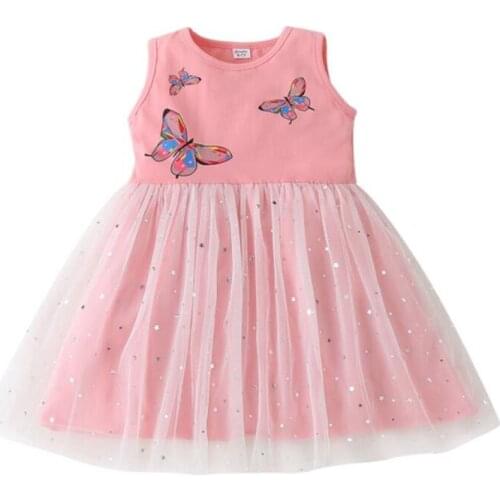 2021 Girls Dress Butterfly Print Round Neck Sleeveless Tulle Dress Kids Party Birthday Photography Vacation Costume Dresses