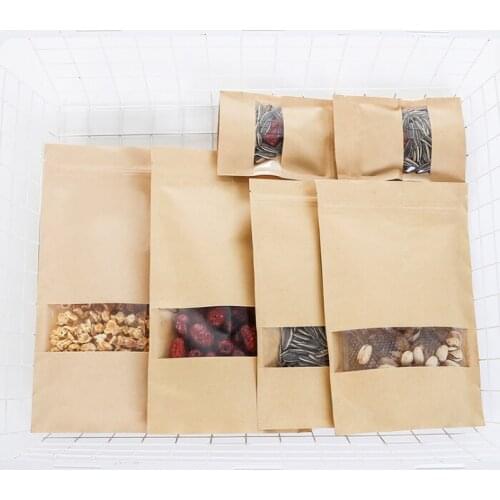 23*35+5 Food Moisture Barrier Bags Packaging sealing pouch Brown Kraft Paper Doypack Pouch with clear Window