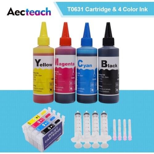 Aecteach For Epson T0631 Ink Cartridge Stylus CX4100 CX4700 CX3700 C67 C87 C87PE Cartridges + For Epson Printer Ink Refill 400ml