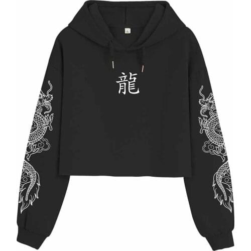 Black Crop Top Hoodie Goth Dragon Print Gothic Vintage Female Cotton Sweatshirts Harajuku Loose Fall Long Sleeve Sweatshirt