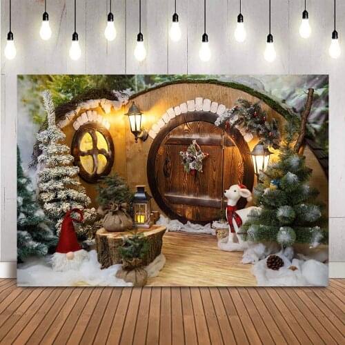 Photography backdrop Christmas wooden house photo background Christmas tree photocall wood floor x-mas Christmas tree decoration