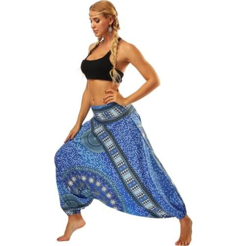 Hot Sale Women Yoga Pants Blue Fitness Trouser Sport Dance Wide Leg Bottom India Style Vintage Bloomers Loose Beach Workout Pant