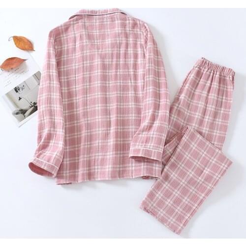Fashion Spring and Autumn Couple 100% Cotton Pajamas Womens Simple Plaid Mens Large Size Casual Home Service Suit