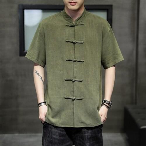 Men Shirts Chinese Traditional Cloth Tang Suit Vintage Short Sleeve Stand Collar Casual Oversize Tops Solid Color Man Streetwear
