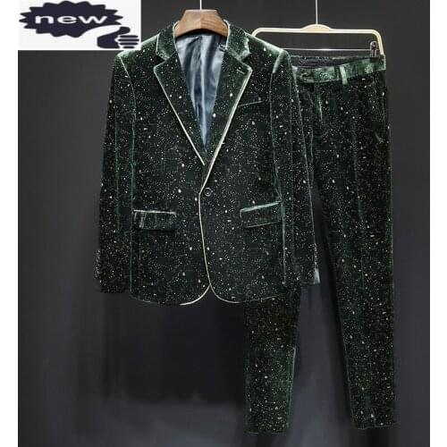Mens Groom Wedding Velvet Dress Suit Sets Fashion Bling Sequins Blazer Jacket Two Piece Set Business Man Casual Party Suits