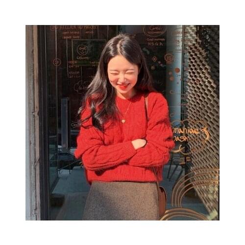 New Winter red Sweater Women Pullover Girls Tops Vintage Autumn Elegant Female Knitted Sweater Oversize skinny mini skirt suits