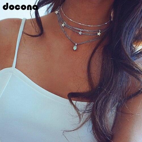 Docona Bohemia Chain Necklace Layered Star Opal Pendant Necklaces for Women Chokers Collar Statement Jewelry 3607