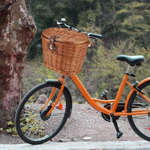 Bicycle Front Basket Wicker MTB Road Bike Basket With Leather Belt Handmade Natural Rattan Bike Storage Basket Cargo Container