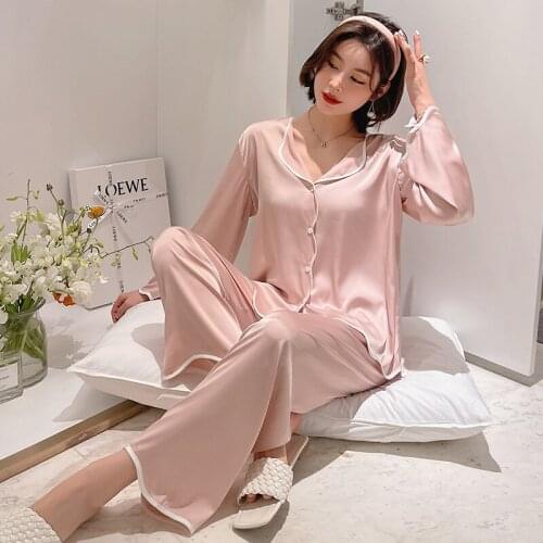 Pajamas for Women Ice Silk Pajamas Set Pantsuits Two Piece Set Pyjamas Autumn Summer Long Sleeve Trouser Suits Ladies Sleepwear