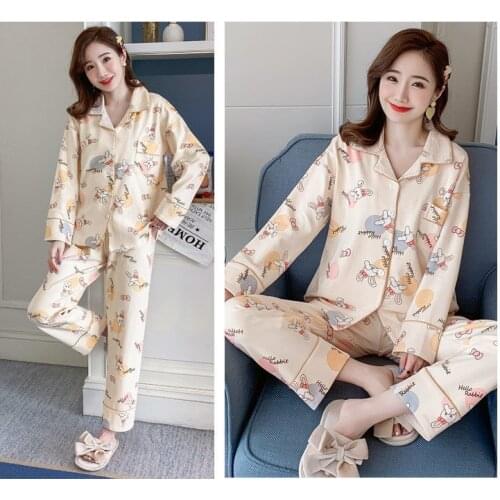 Pajamas Set Female Spring and Autumn pajamas for women Casual Fold-Down Cardigan Long Sleeve Large Size Cartoon Nightshirt Girl