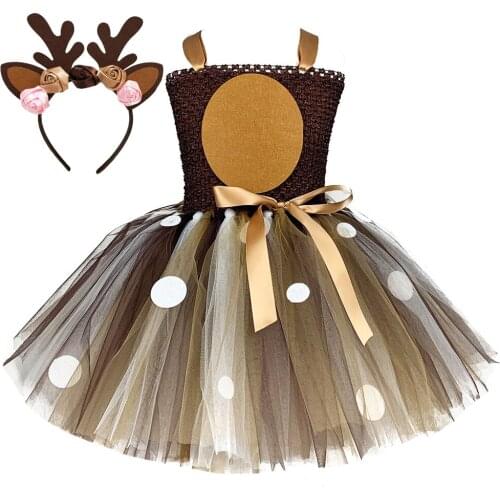 Christmas Halloween Deer Girls Tutu Dress Newborn Baby Kids Dot Animal Cosplay Costume Set Child Birthday Pageant Party Dresses