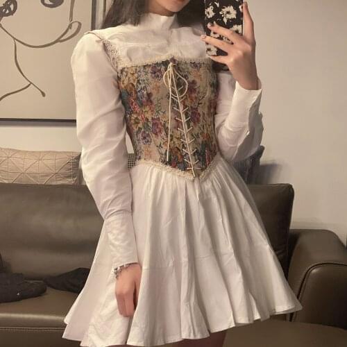 COOLFEL Korean Vintage Sweet Dress Women Elegant Casual Summer Print Floral Mini Dress Bandage Holiday Party Dress