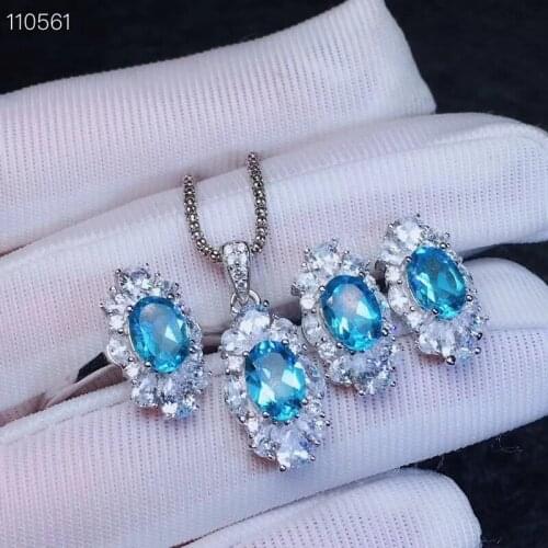 Natural blue topaz gem jewelry sets natural gemstone ring Pendant Earrings 925 silver luxurious big long women party jewelry