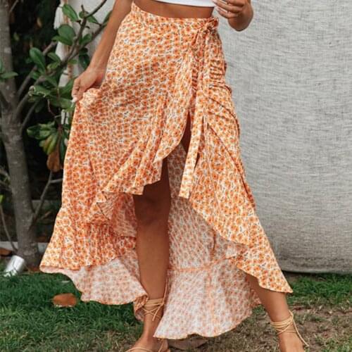 Spring Summer Long Print Skirt Women Ruffles Cotton A Line Casual Ankle Length Skirt 2021 New