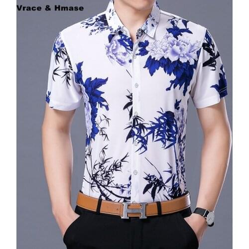 Chinese style charm flower printing fashion casual short sleeve shirt Summer 2017 new arrival soft comfortable men shirt M-XXXL
