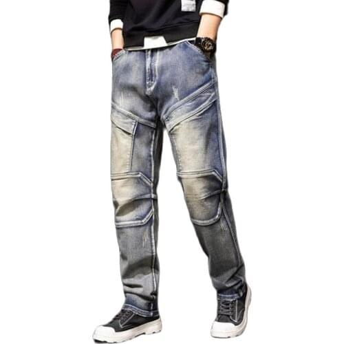 Plus Size Straight More Pocket Jeans Mens Clothing Leisure Denim Pants Elasticity Jean Splice Stitching Mens Cargo Trousers