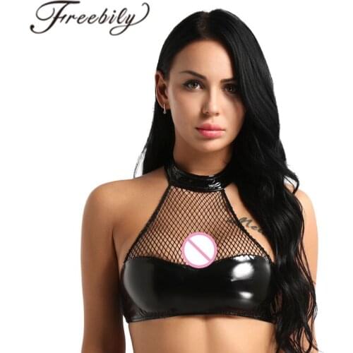 Womens Black Sexy Wetlook Neck Halter Backless Lingerie High Neck Fishnet Faux Leather Wire-free Unlined Cups Bra Crop Top