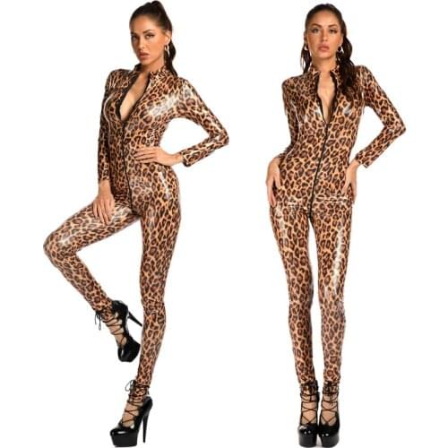 New Lady Sexy Leopard Latex Catsuit PVC Faux Leather Wetlook Jumpsuit Open Crotch Erotic Lingerie PU Bodysuit Club Wear Overalls