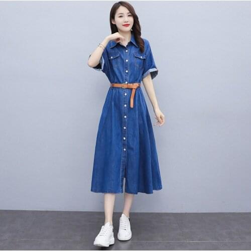 New Summer Style Women Dresses Retro Turn-Down Collar Casual Single Button Belt Slim Solid Jeans For Females Denim One-Piece