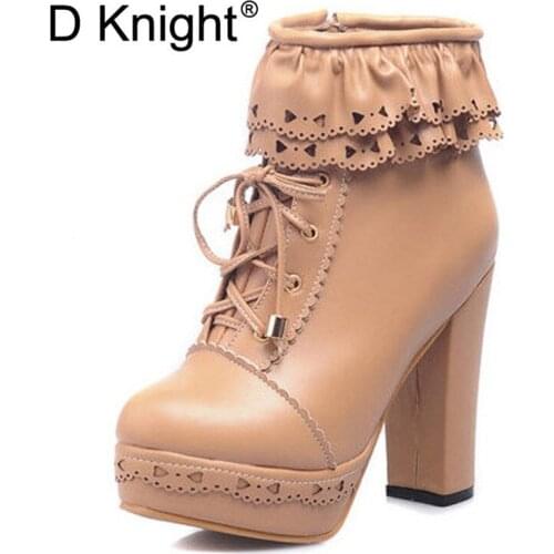 Winter New Lolita Boots Shoes For Woman Platform High Heel Sweet Bow Ruffles Women Ankle Boots Lolita Princess Shoes Big Size 43
