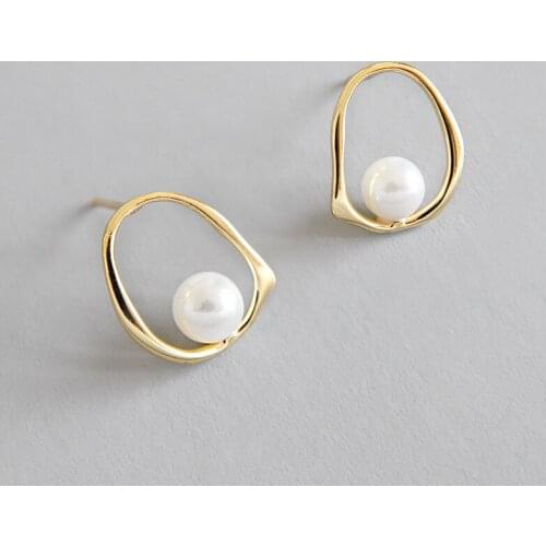 1Pair Authentic Real 100% 925 Sterling Silver fine Jewelry Pearl on the Geometric Open Oval Stud Earrings gtle2427