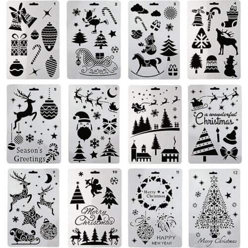 12Pc Hollow Christmas Stamps Reusable Stencil for DIY Scrapbooking Stamping Paper Card Drawing Template Stencil Craft