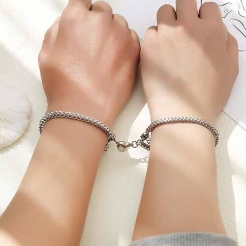 2Pcs/Set Punk Heart Shaped Magnet Attraction Bracelet for Couples Silver Color Stainless Steel Cuba Chain Armband Wrist Jewelry