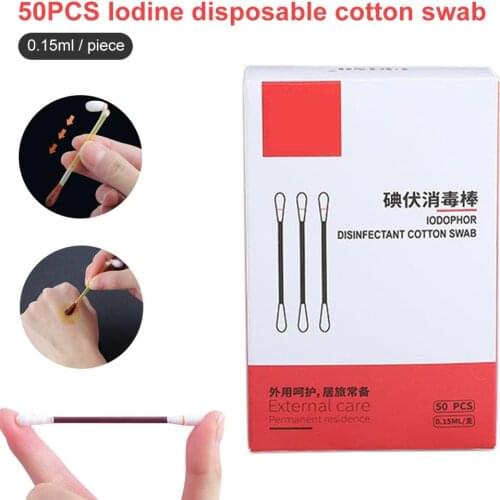 50pcs Disposable Iodophor Double Head Cotton Swabs One-off broken Iodophor Cotton Swabs Eyelashe Extension Nose Ears Clean Tool