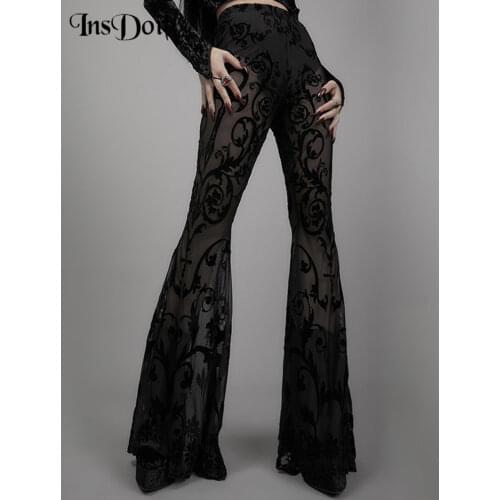 InsDoit Mall Goth Black Summer Pants Women Grunge See Through Sexy Trousers Streetwear Vintage Harajuku High Waist Flare Pants
