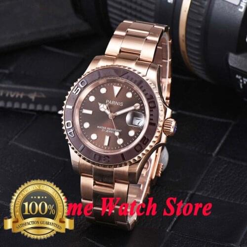 Parnis 42mm Miyota 8215 japaness 5ATM Automatic mens watch sapphire glass gold plated case Coffee dial luminous ceramic bezel