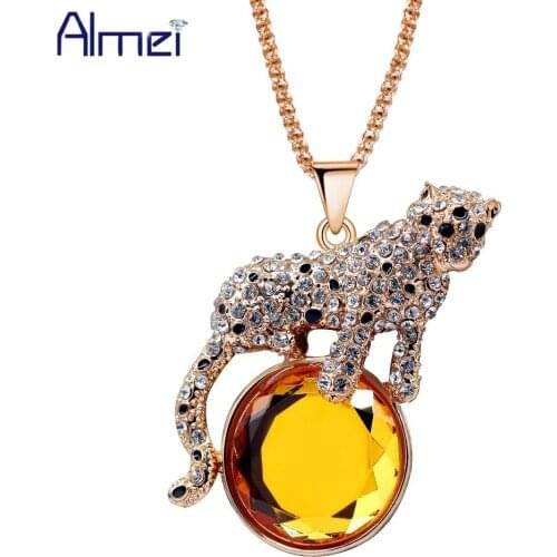 Almei Charm Big Black White Leopard Rising Sun Enamel Long Sweater Chain Crystal Animal Pendant Necklace Christmas Gift YS842