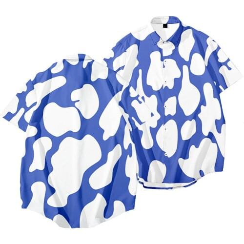 Summer Holiday Hawaiian Casual Short sleeve Shirt Loose Beachwear Mens Blue Printed Shirt Buttons Male Blouse Tops