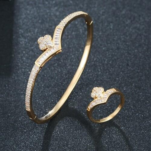 HIBRIDE Trendy Luxury 2pcs Statement Bangle Cuff Ring Sets Jewelry Set For Women Wedding Cubic ZirconIA Dubai PartyBangle N-1712