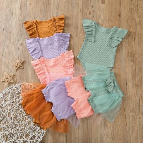 Girl Sets Muslin Clothes For Children 0-2y Newborn Infant Baby Girls Solid Ruffle Romper Tulle Bow Shorts 2pcs Clothes Set