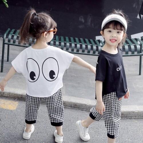 Baby Girl Clothes Toddler 2Pcs Girls Suits Summer Cotton Short Sleeve T-shirt+Casual Plaid Cropped Pants Korean 2 to7Y Kids Sets