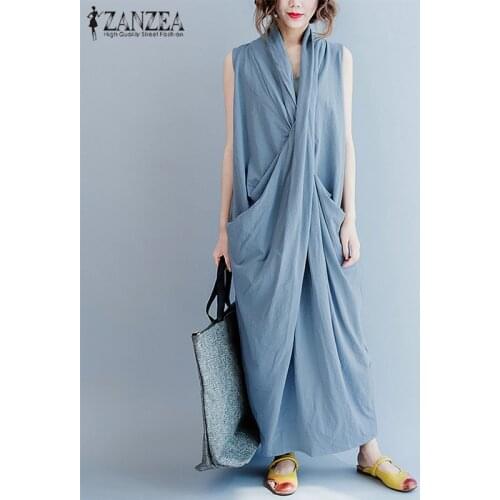 Summer Women Long Dress 2021 ZANZEA Casual Sleeveless Deep V Neck Asymmetric Maxi Vestido Oversized Beach Party Dress Robe Femme