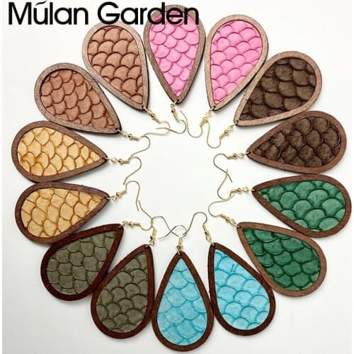 M&G Fish Skin Genuine Leather Earring for Women Colorful Teardrop Wood Earring Jewelry Accessories Hot Sale Party Gift Wholesale